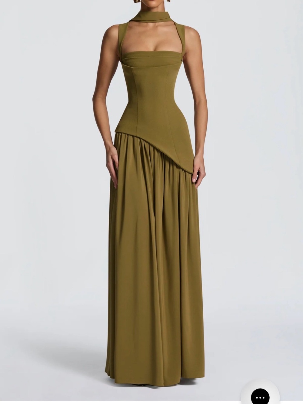 Olive Halter-Neck Maxi Dress with Draped Skirt
